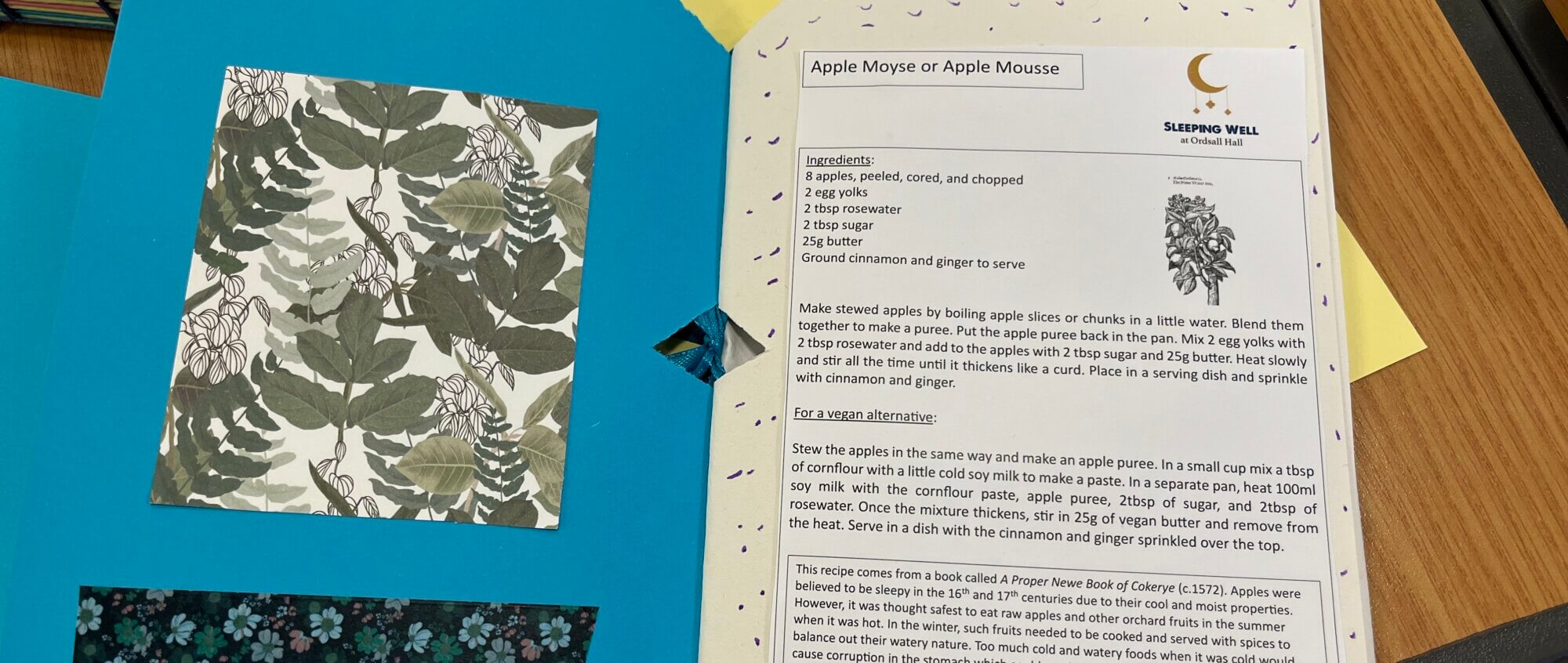 The home made booklet has decoration on one side and a recipe on the other.