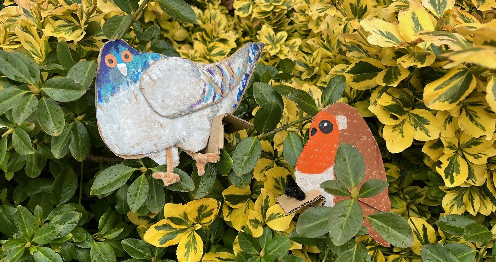 A cardboad pigeon and a robin sit in a hedge.
