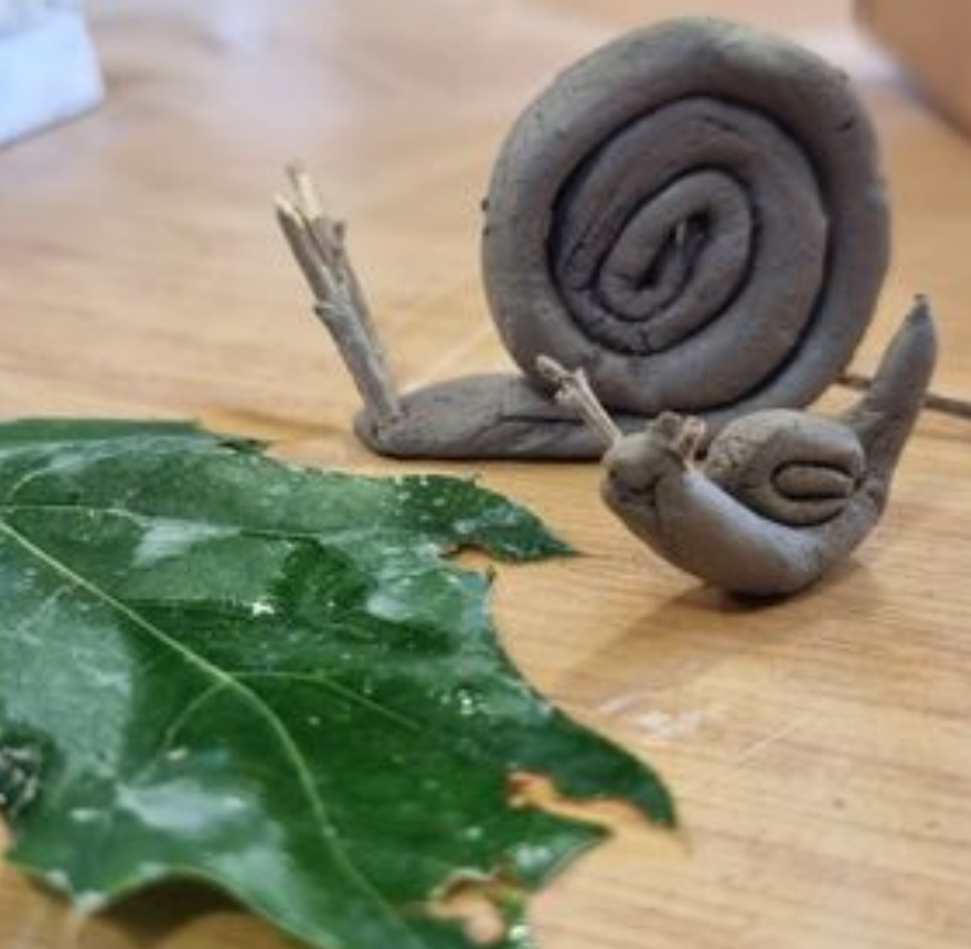 Clay snail and leaf on table