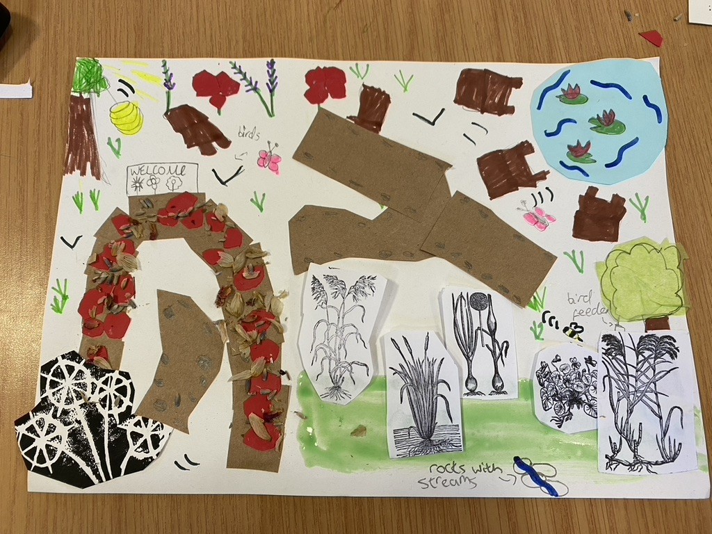 A collage depicting a garden with a pond.